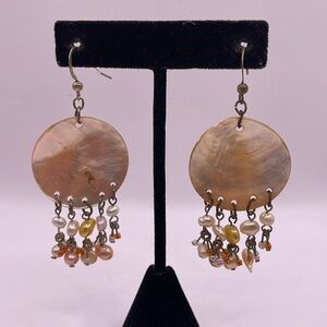 Vintage Mother Of Pearl Shell Cluster Pearls Tassel Dangle Drop Earrings